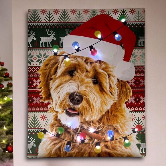 LED Christmas Dog Labradoodle Light-Up Canvas Picture Wall Art Decor 15x19" - Picture 5 of 13